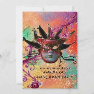 Invitation MASQUE JESTER ROUGE NOIR, Masquerade Party Red Gol