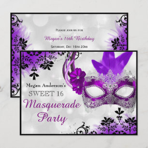 Invitation Masque joli et damas violet Mascarade Sweet 16