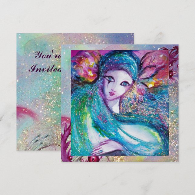 Invitation MASQUE LADY BLUE Fête Masquée Élégante Vénitienne (Devant / Derrière)