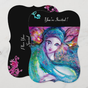 Invitation MASQUE LADY BLUE Soirée Mascarade, Fleurs Rouge et