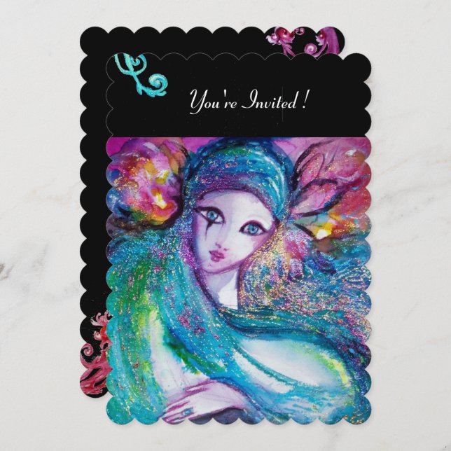 Invitation MASQUE LADY BLUE Soirée Mascarade,Tourbillons Roug (Devant / Derrière)