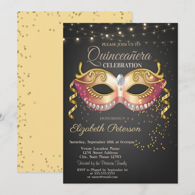 Invitation Masque, Lumière, Diamants Masquerad Quinceañera (Devant / Derrière)