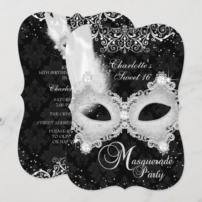 Invitation Masque Mascarade argent noir Mascarade Sweet 16 (Devant / Derrière)