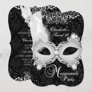 Invitation Masque Mascarade argent noir Mascarade Sweet 16