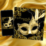 Invitation Masque Mascarade en plumes noires et d'or<br><div class="desc">Invitation à la mascarade en noir et or avec un élégant masque en plumes noir et or sur un bel arrière - plan tourbillon noir et or. Cette élégante invitation à la mascarade en noir et or est facilement customisée pour votre événement en ajoutant les détails de votre événement, le...</div>