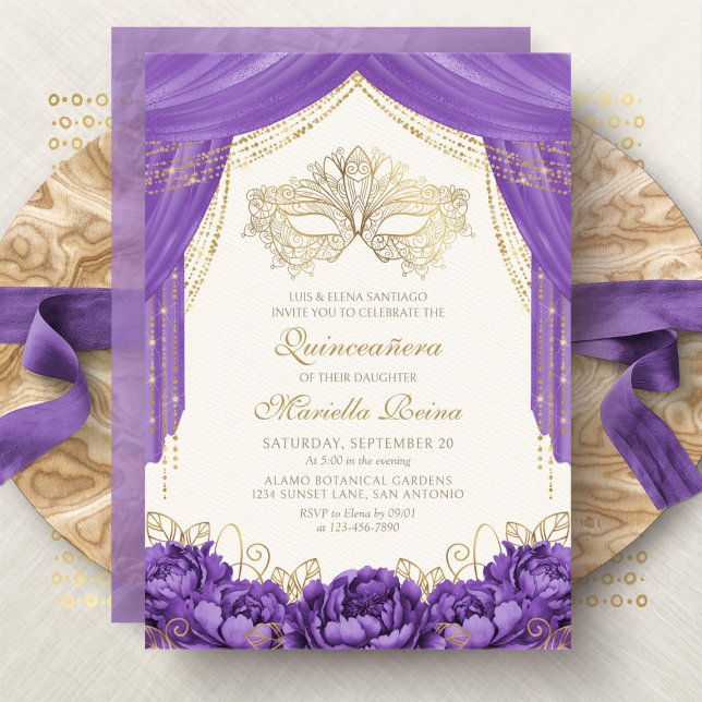 Invitation Masque Mascarade Mascaré Purple Elegant Quinceaner (Créateur téléchargé)
