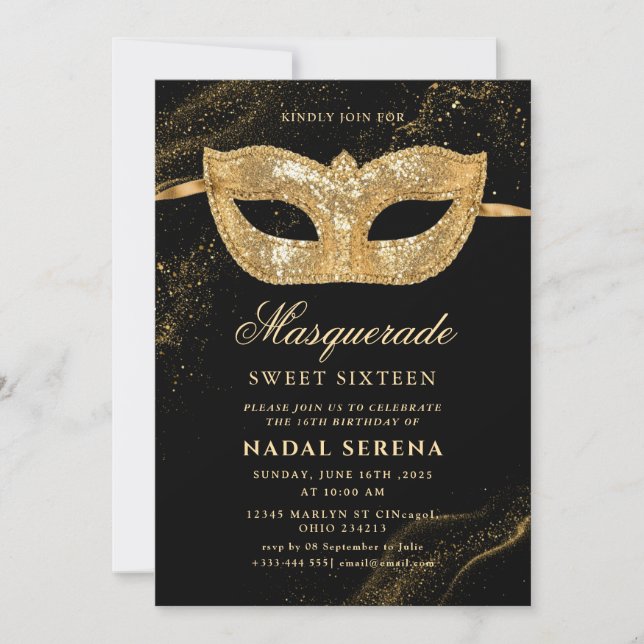 Invitation masque mascarade or Sweet 16 (Devant)