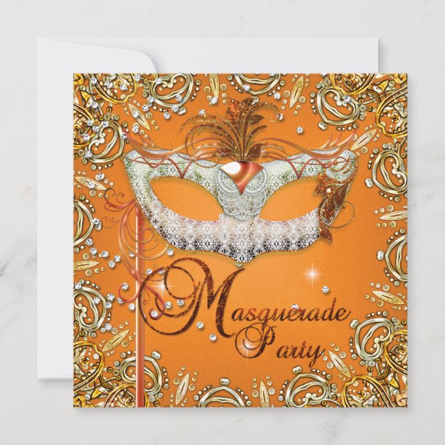 Invitation Masque Mascarade Orange Anniversaire Fête Or (Devant)