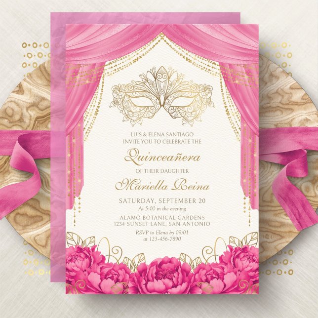 Invitation Masque Mascarade rose chaud Quinceanera (Créateur téléchargé)