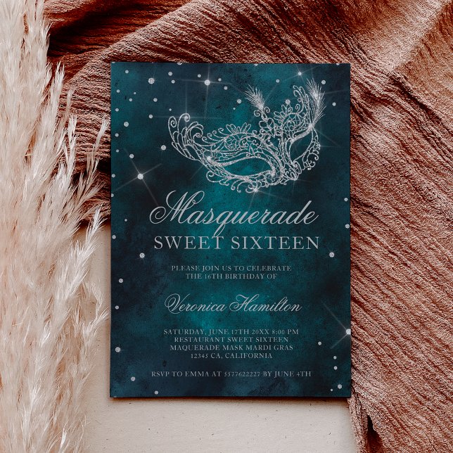Invitation Masque masqué parties scintillant argent turquoise (Silver glitter masquerade mask teal green Sweet 16 Invitation)