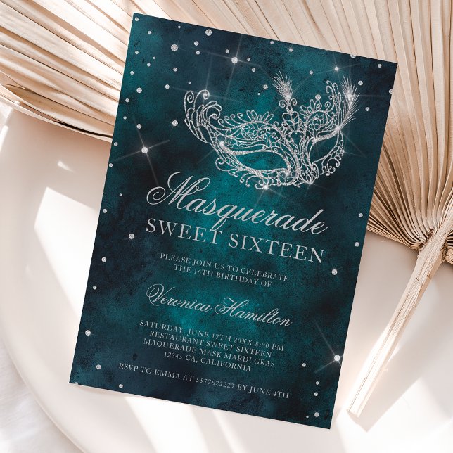 Invitation Masque masqué parties scintillant argent turquoise (Silver glitter masquerade mask teal green Sweet 16 Invitation)