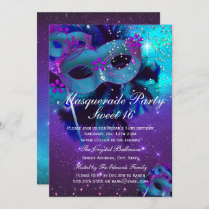 Invitation masqué Masquerade en fleur violet turqu