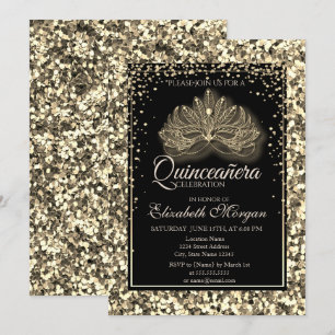Invitation Masque Moderne Élégant Paillettes Dorées Quinceane