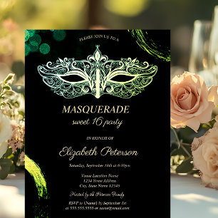Invitation Masque Noir Élégant, Masque Chic Sweet 16