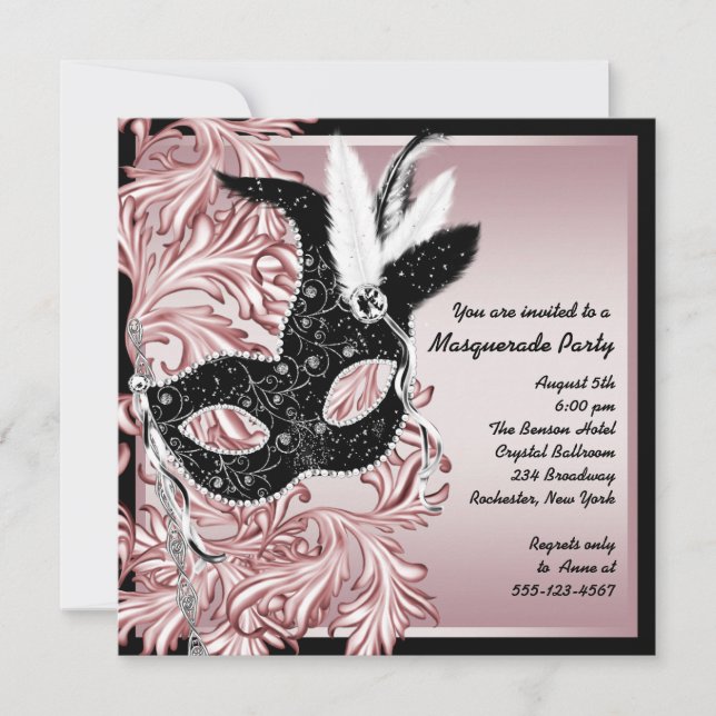 Invitation Masque noir rose Bal masqué rose noir (Devant)