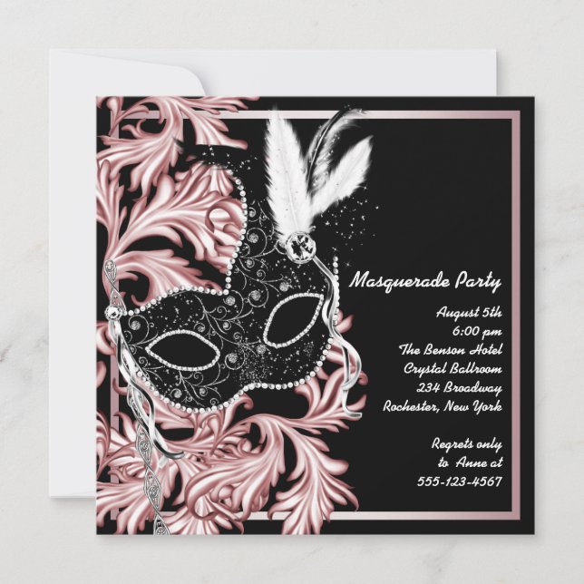 Invitation Masque noir rose Bal masqué rose noir (Devant)