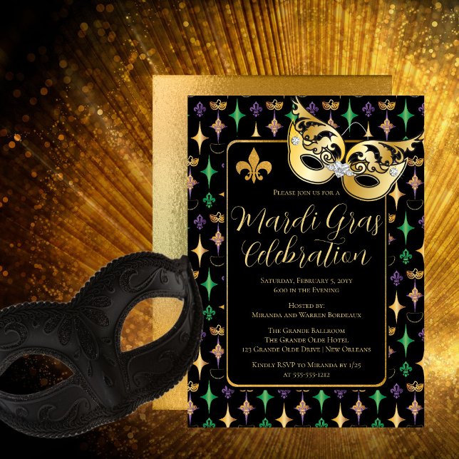 Invitation Masque Or Fleur de Lis Mardi Gras (Créateur téléchargé)