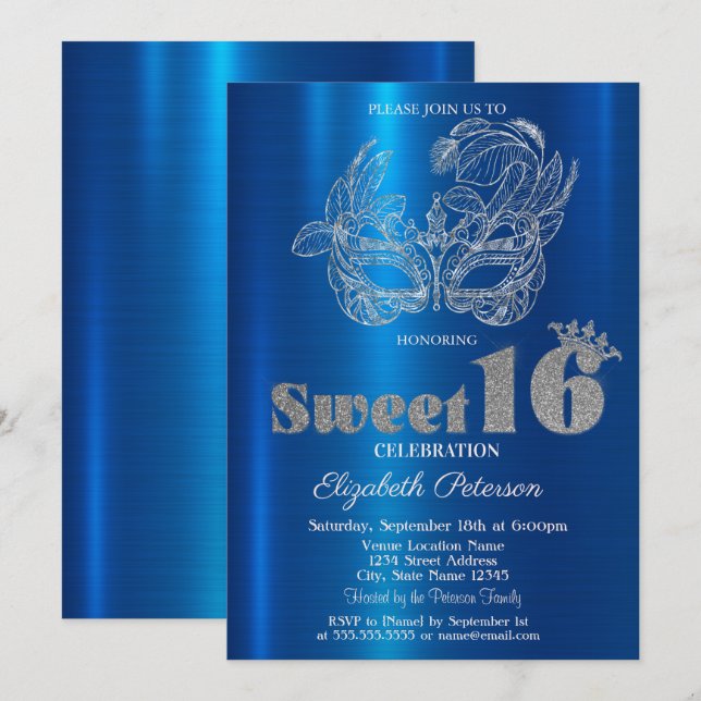 Invitation Masque Pailleté Bleu Métallisé Sweet 16 (Devant / Derrière)