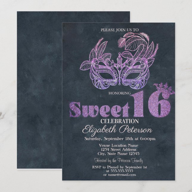 Invitation Masque Pailleté Violet  Sweet 16 (Devant / Derrière)