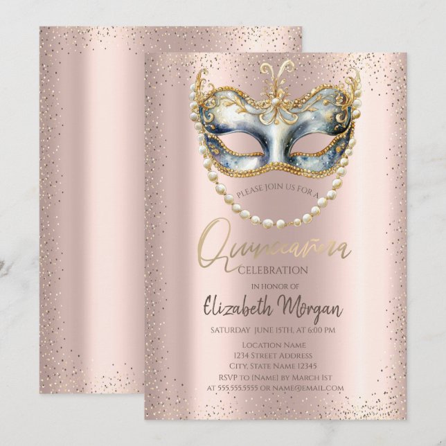 Invitation Masque, Perles Confetti Rose or Quinceañera (Devant / Derrière)