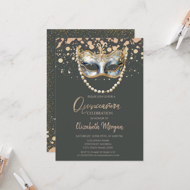 Invitation Masque Perles, Confettis Masquerade Quinceañera (Devant/Arrière en situation)