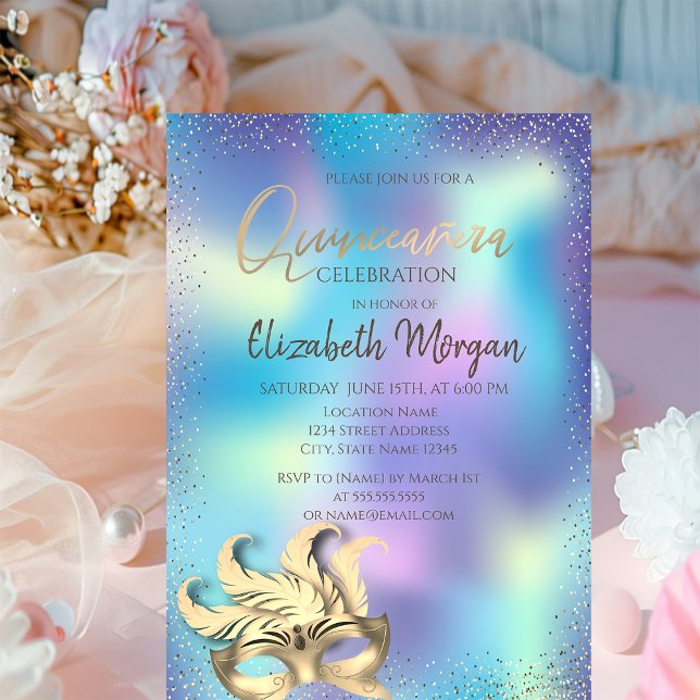 Invitation Masque, points Confetti Holographique Quinceañera (Créateur téléchargé)
