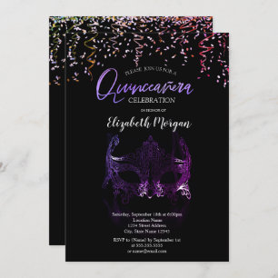 Invitation Masque pourpre, Masquise Confetti Quinceañera