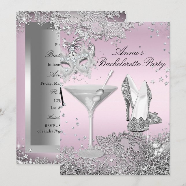 Invitation Masque rose argent et dentelle bijoux Bachelorette (Devant / Derrière)