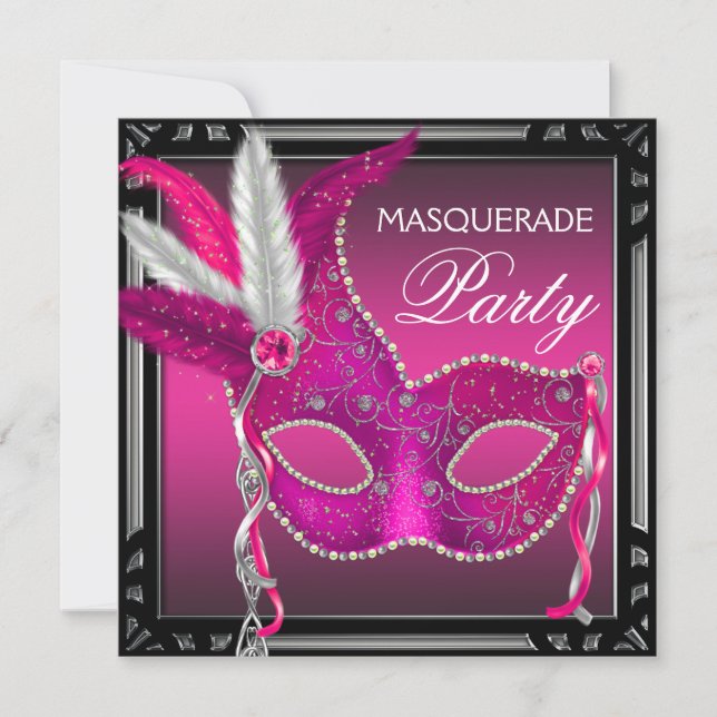 Invitation Masque Rose Chaud Noir Fête de Mascarade Rose Chau (Devant)