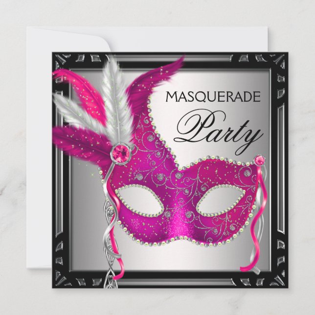 Invitation Masque Rose Chaud Noir Fête de Mascarade Rose Chau (Devant)