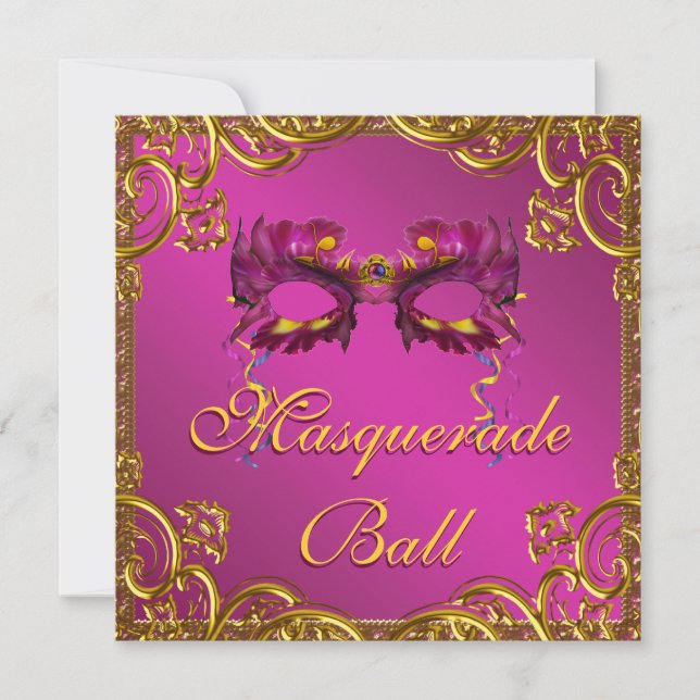 Invitation Masque Rose Chaud Or Bal de Mascarade Fête (Devant)