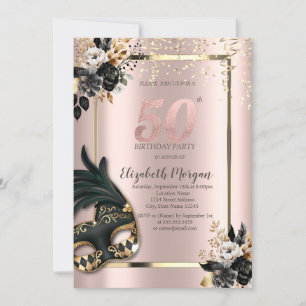 Invitation Masque Rose noir Confetti Rose Gold 50e
