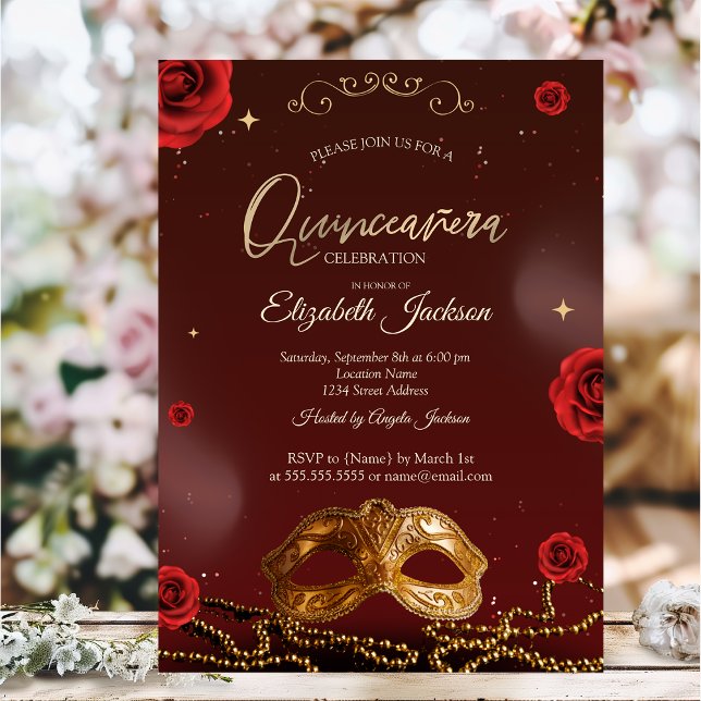 Invitation Masque Roses Perles Bourgogne Quinceanera  (Créateur téléchargé)