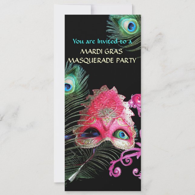 INVITATION MASQUE ROUGE AVEC FÊTE COSTUMÉE AUX PLUMES DE PAON (Devant)