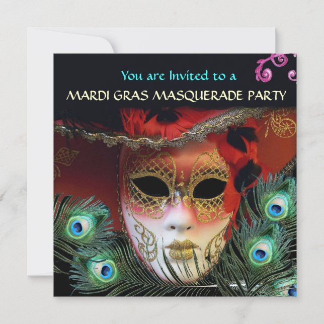 INVITATION MASQUE ROUGE AVEC FÊTE DE MASCARADE À PLUMES DE PA (Devant)