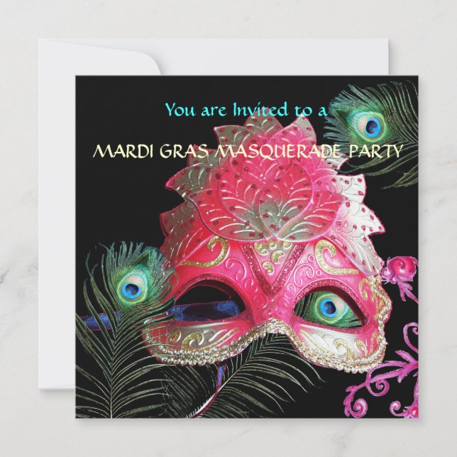 INVITATION MASQUE ROUGE AVEC PEACOCK FEATHERS MASQUERADE PART (Devant)