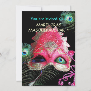 INVITATION MASQUE ROUGE AVEC PEACOCK FEATHERS MASQUERADE PART