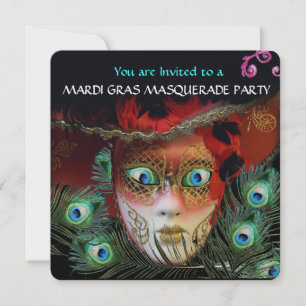 INVITATION MASQUE ROUGE ET FÊTE DE MASQUERADE AUX PLUMES DE P