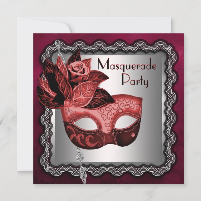 Invitation Masque rouge noir argenté pour soirée masquée (Devant)