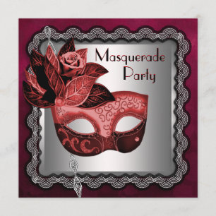 Invitation Masque rouge noir argenté pour soirée masquée