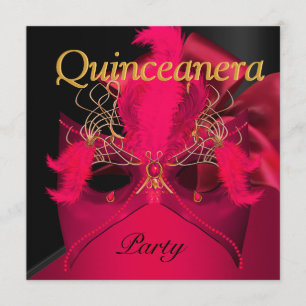 Invitation Masque rouge noir or Quinceanera Mascarade
