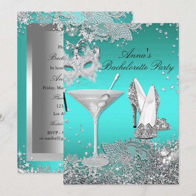 Invitation Masque sarcelle argenté et soirée de Bachelorette  (Devant / Derrière)