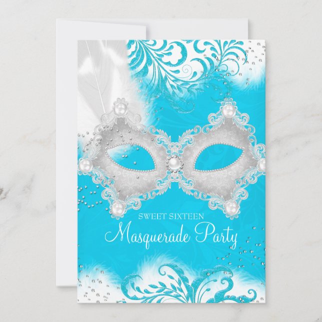 Invitation Masque scintillant bleu blanc Mascarade Sweet 16 (Devant)