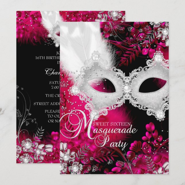 Invitation Masque scintillant rose et blanc Masquerade Sweet  (Devant / Derrière)