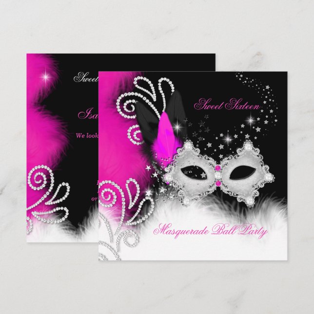 Invitation Masque Sweet 16 Rose Chaud Masque à plumes Noir 2b (Devant / Derrière)