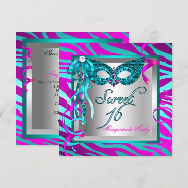 Invitation Masque Sweet 16 Seize Ans Foncé Turquoise Zèbre (Devant / Derrière)