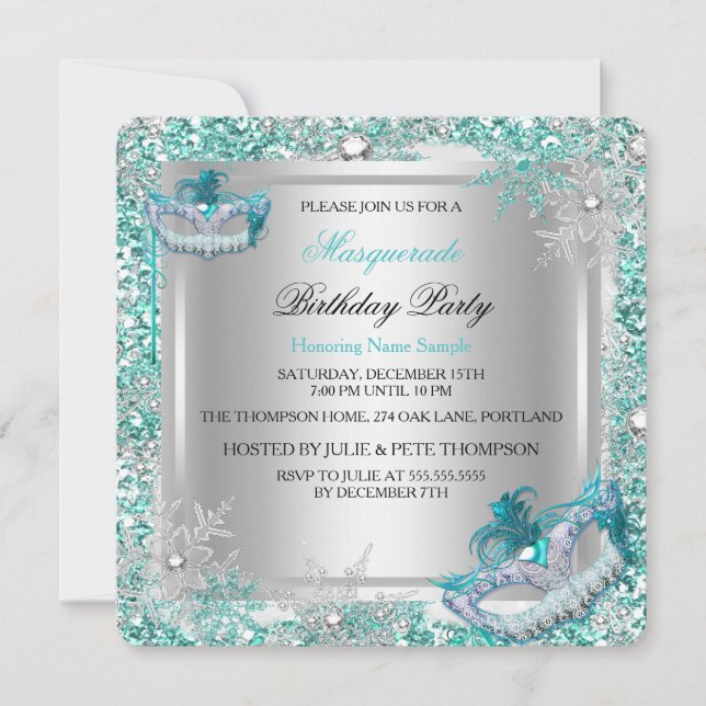 Invitation Masque Teal Argent Flocons de Neige Masques Fête (Devant)