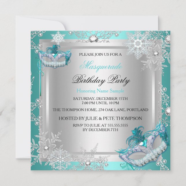 Invitation Masque Teal Bleu Argent Flocons de Neige Masques F (Devant)