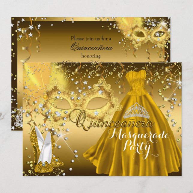 Invitation Masque & Tiare Quinceanera Or (Devant / Derrière)