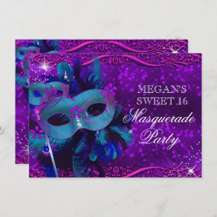 Invitation Masque turquoise en plumes violettes Masquerade Sw